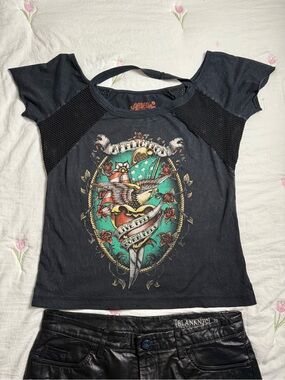 Affliction Vintage y2k Cut Out Grunge Mesh Graphic Top